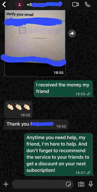 Customer message about service and payment confirmation