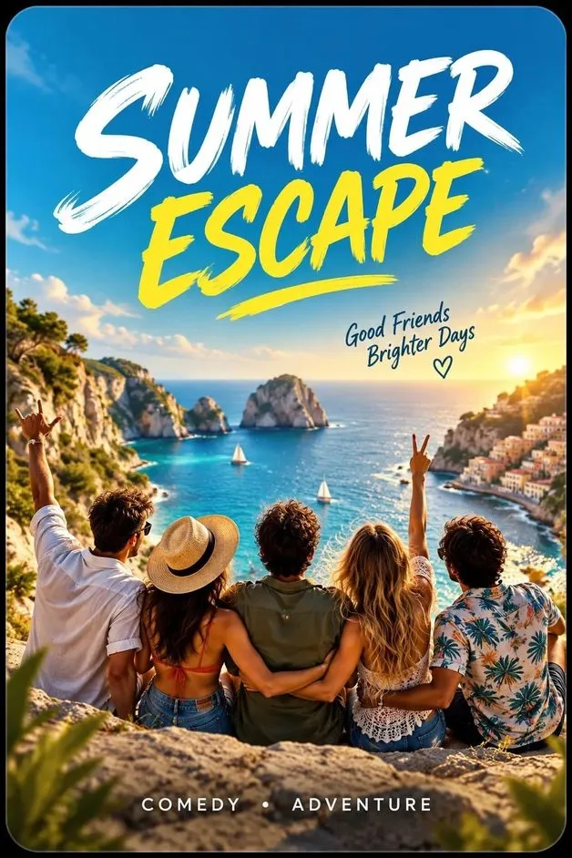 Escape adventure movie poster featuring people traveling along a tropical coastline